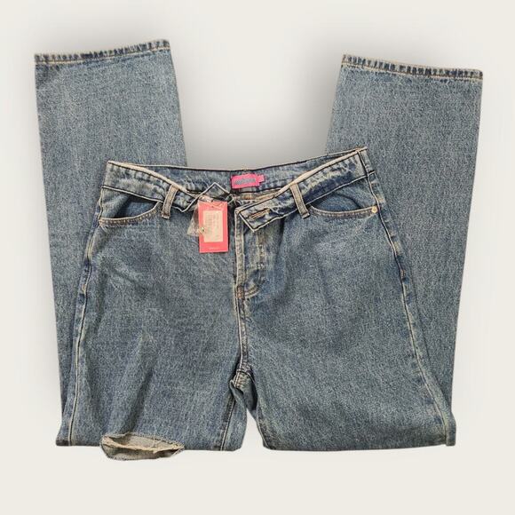 Edikted Jeans Women's Size L Blue Raquel Folded Distressed Straight Mid-Rise NWT - Picture 3 of 9